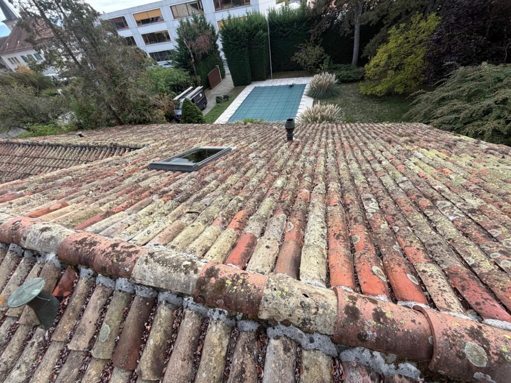 Toiture en tuiles canal avec lichen et faîtage à rénover